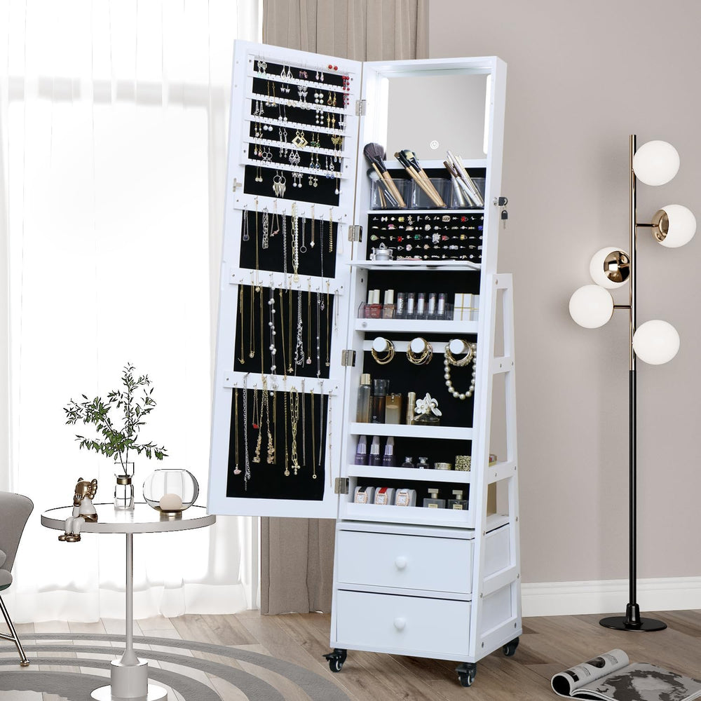 Jewelry Cabinet Standing Mirror with Drawers Jewelry Armoire Organizer | Full...