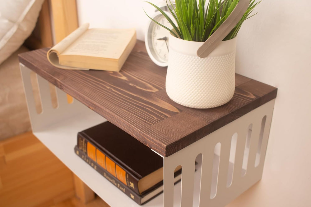 Floating Nightstand with White Metal Base, Wooden Top and Sturdy Metal Base, ...