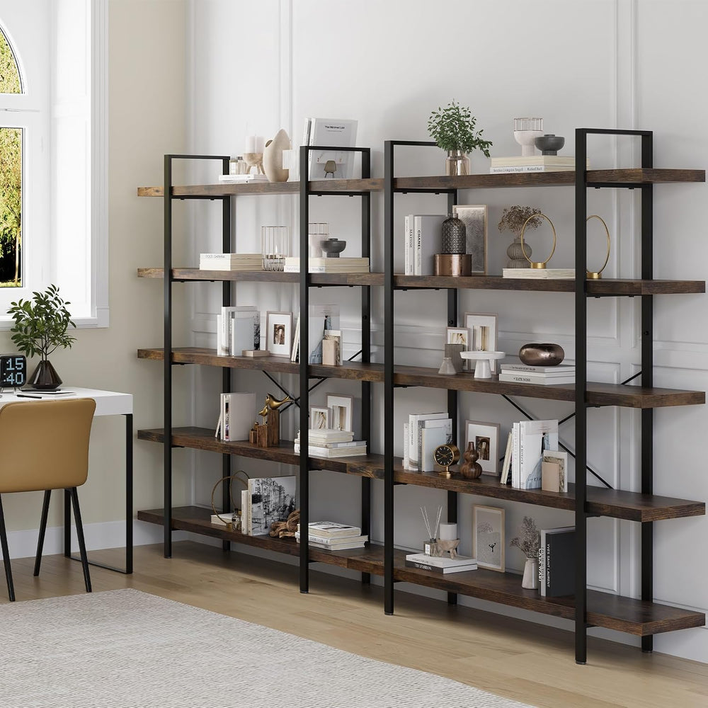 2PCS Heavy Duty 5 Tier Industrial Bookcase for Home Office, Rustic Brown | 47...