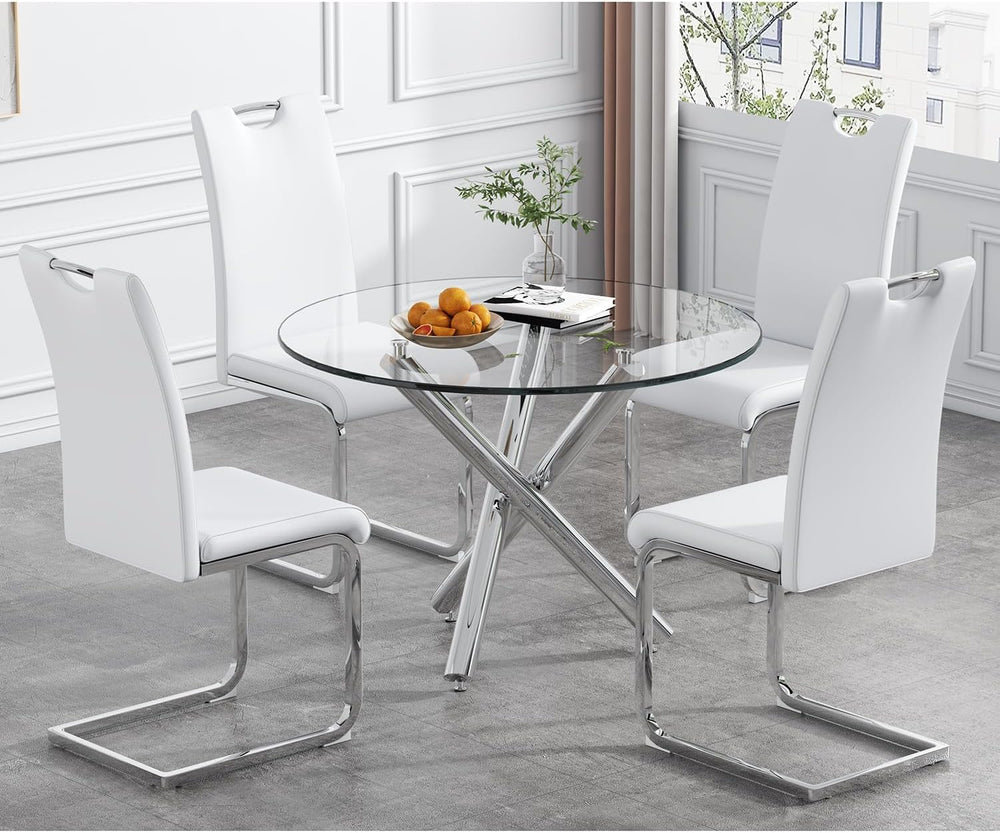 Round Glass Dining Room Table for 2-3, Modern Tempered Glass Top, Sturdy Chro...
