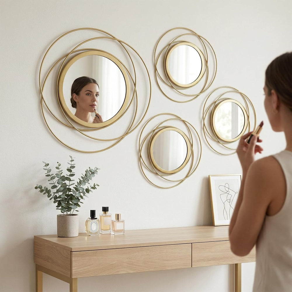 4 Piece Gold Round Wall Mirror Set Modern Metal Circles for Home Decor
