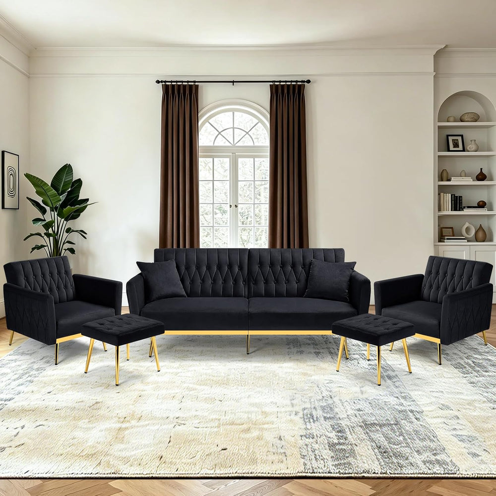 3 Pieces Velvet Sofa Set w/Adjustable Armrest &Backrest,Black