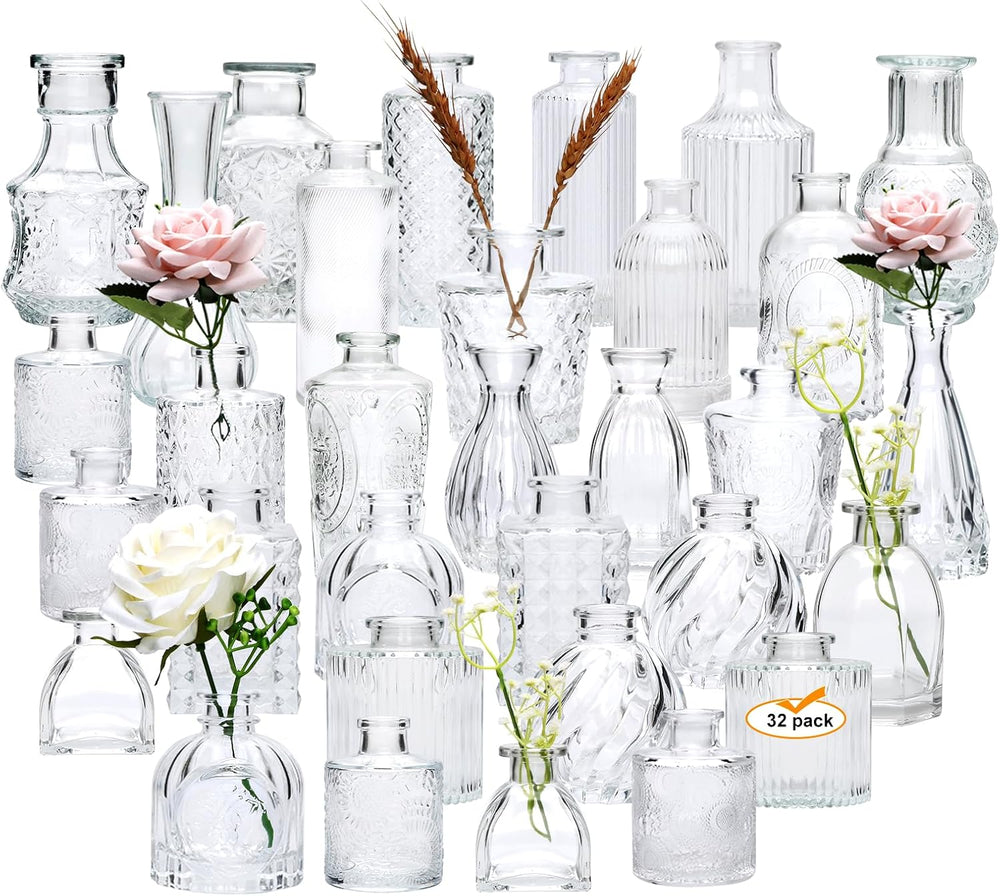 Small Glass Vases for Flowers, 32pcs Clear Mini Bud Vases in Bulk