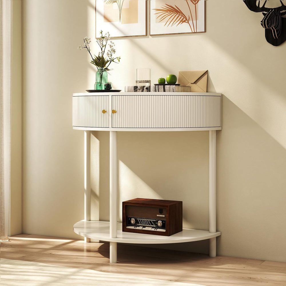 Entryway Table, Artisan-Crafted Half Moon Fluted Console Tables with 2 Rattan...