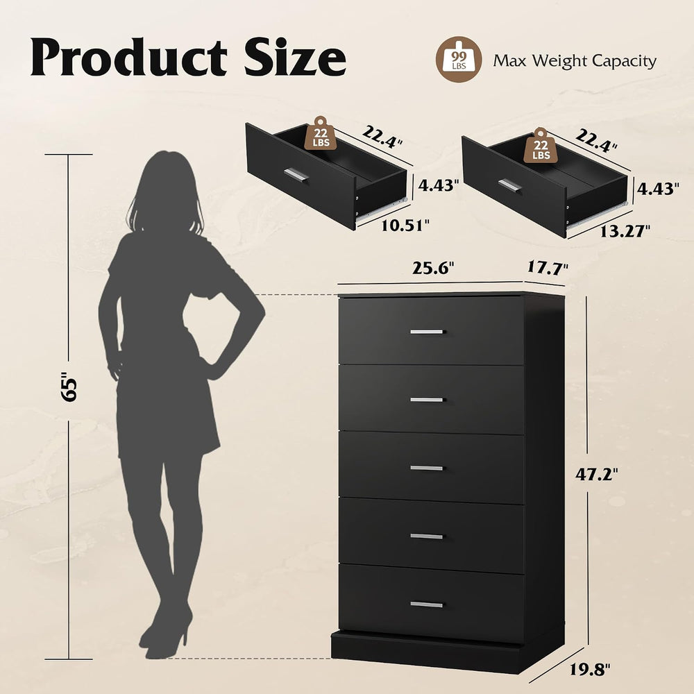 WLIVE Black 5 Drawer Dresser Tall for Bedroom with SGS-Tested Anti-Tip