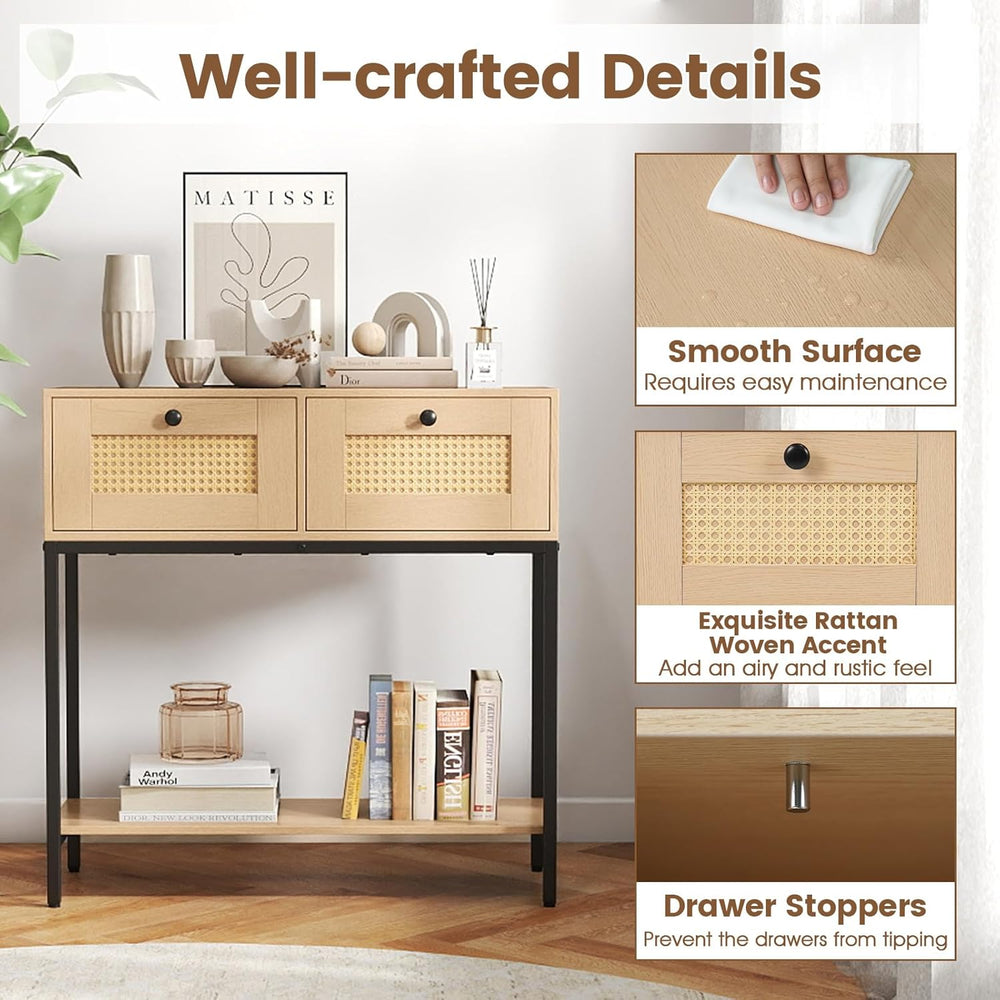 GOFLAME Rattan Console Table, Boho Entryway Table with 2 Drawers & Open S...