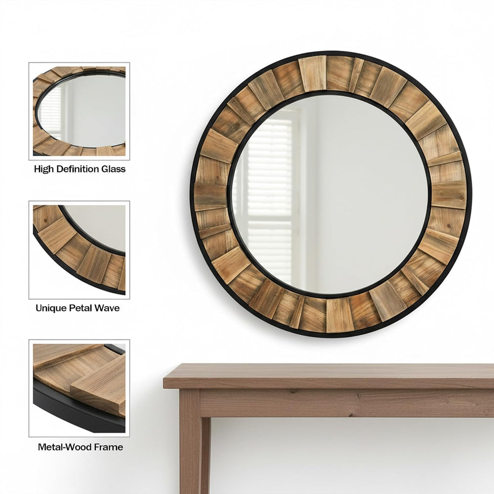 ZIYOO Round Wood Mirror 30", Metal & Wooden Frame Decorative Wall Mi...