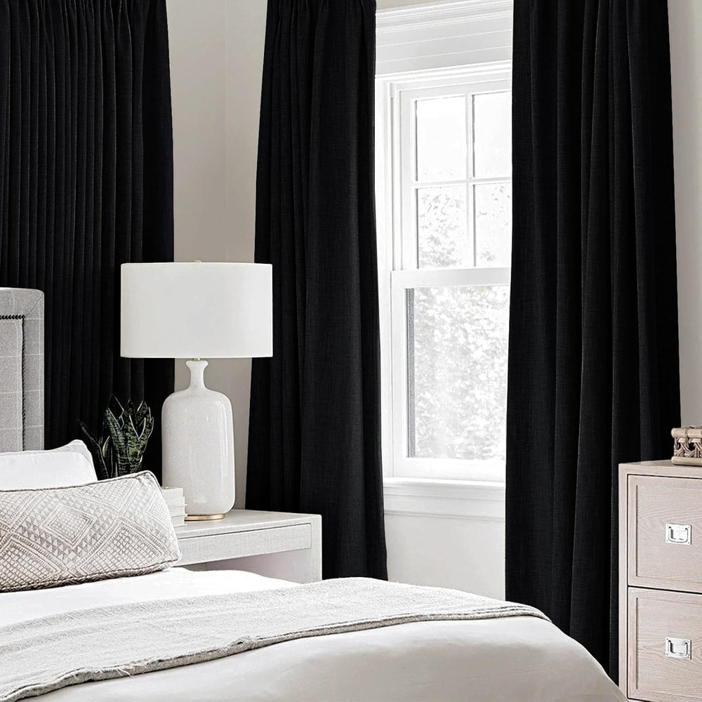 MIULEE 100% Blackout Linen Curtains for Bedroom 52x84 Inches Black