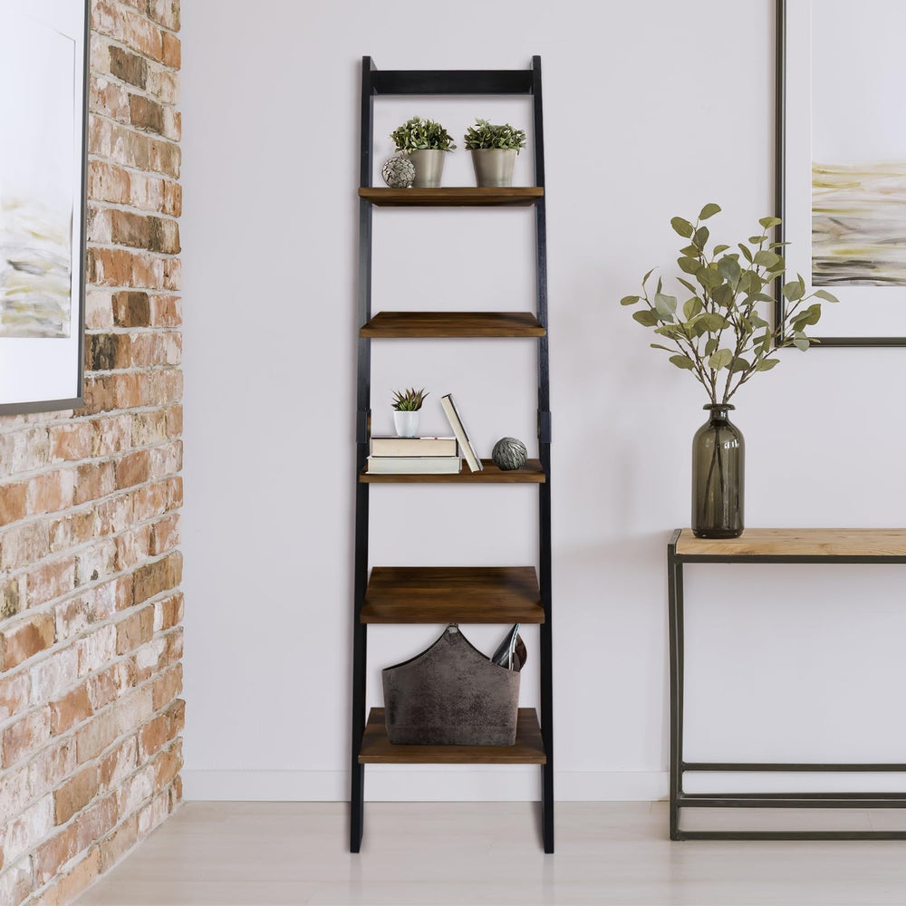 Kavari 5-Tier Leaning Ladder Bookcase with Solid American Gum Shelves - Black...
