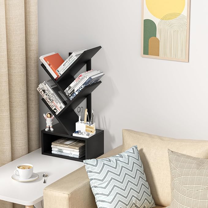 Small Tree Book Shelf,5 Tier Black Tree Bookshelf,Black Desktop Bookcase,Mode...
