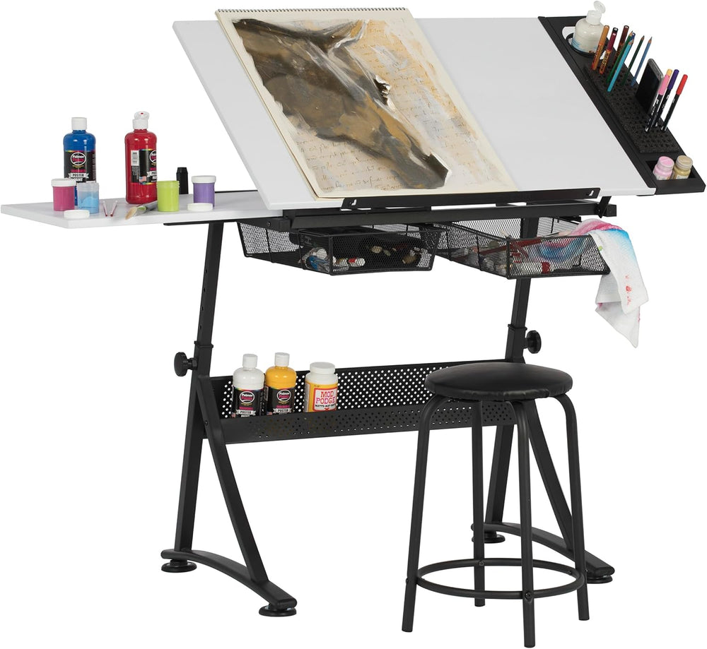 Fusion Drafting Table with Stool, Height Adjustable Desk with Tilt Top, Charc...