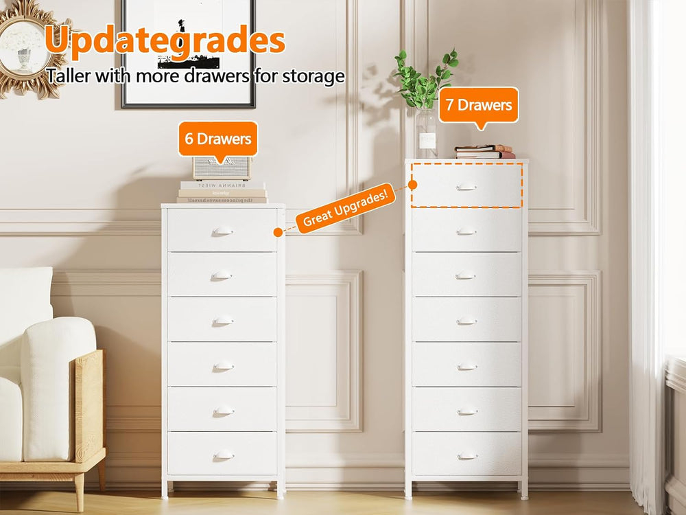 White Tall Dresser for Bedroom, Chest of Drawer with Fabric Drawer