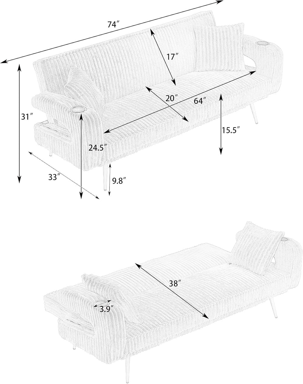 74" Modern Corduroy Sofa Bed Futon,Convertible Sleeper Bed Couch with Du...