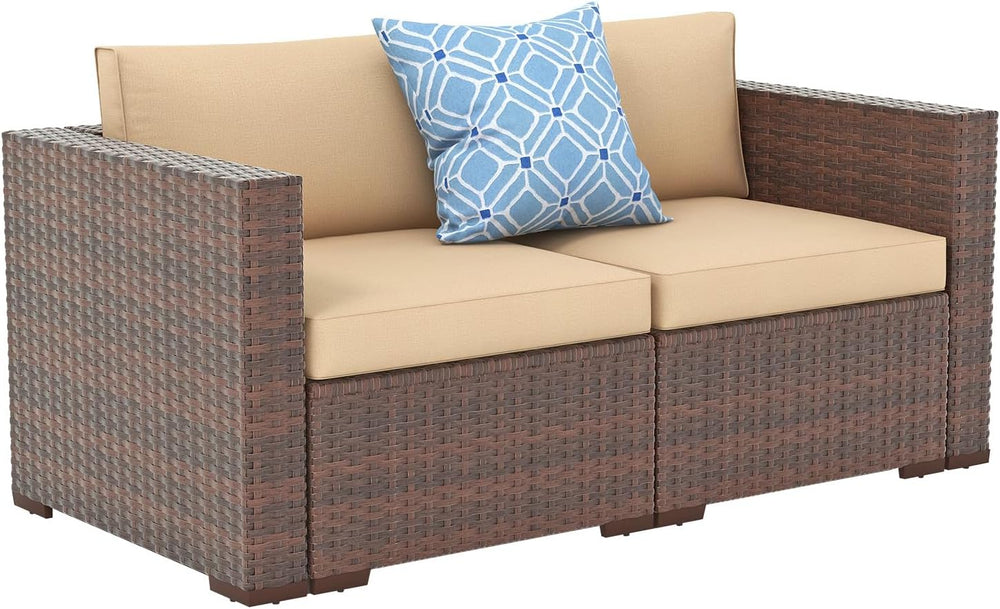 Patiorama 2 Piece Outdoor Wicker Loveseat, Brown PE Rattan, Beige