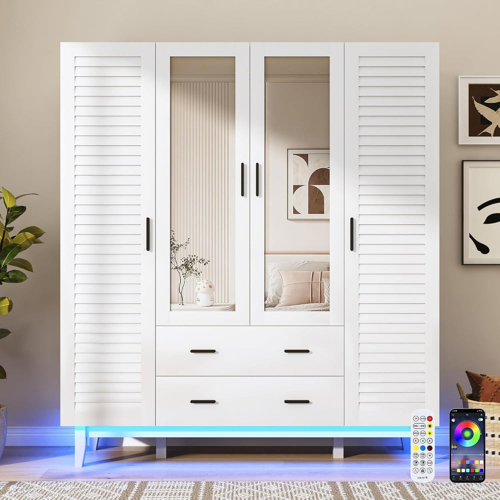 4 Door Armoire Wardrobe Closet Cabinet with Drawers and LED Lights, Multi-Tie...