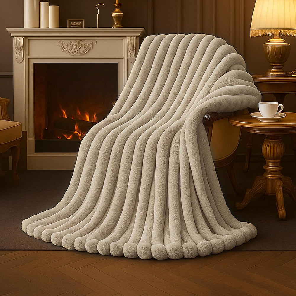 Amรฉlie Home Soft Striped Faux Fur Throw Blanket for Couch, Beige, 55"x70...