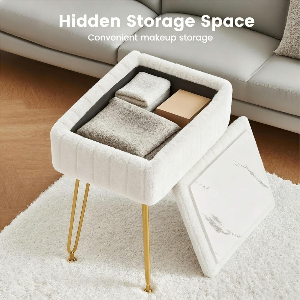 FUXA Vanity Stool Chair with Storage, Faux Fur and Metal Legs, White | Soft P...