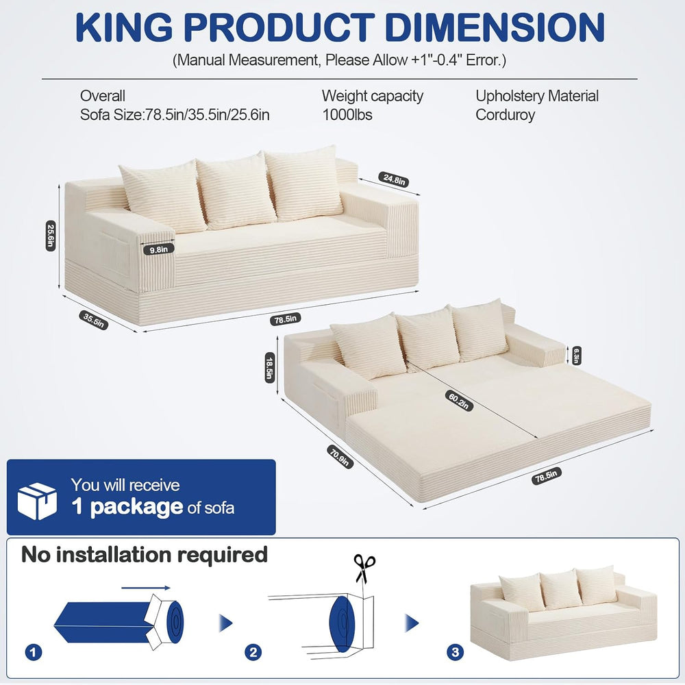 2 in 1 Convertible Boneless Couch Bed, Corduroy futon Sofa Bed, Compression F...