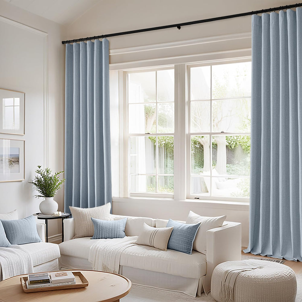 MIULEE 100% Blackout Back Tab Pleat Linen Curtains 50" Wx84 L,Chambray Blue