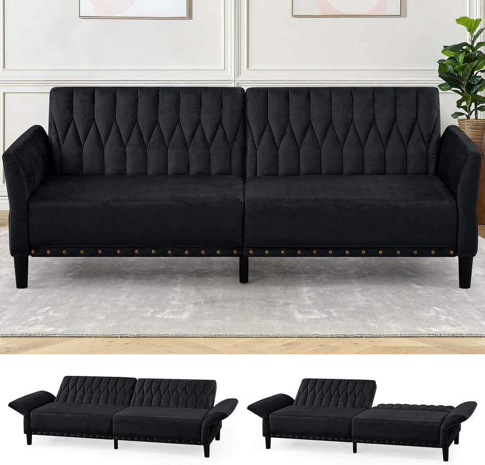 77 Inches Velvet Sofa Bed w/Adjustable Backrests & Armrests, Black