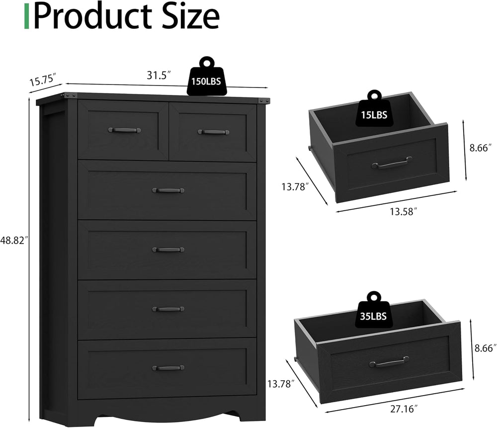 Dresser for Bedroom with 6 Drawers, 49" Tall Wood Chest of Drawers with ...