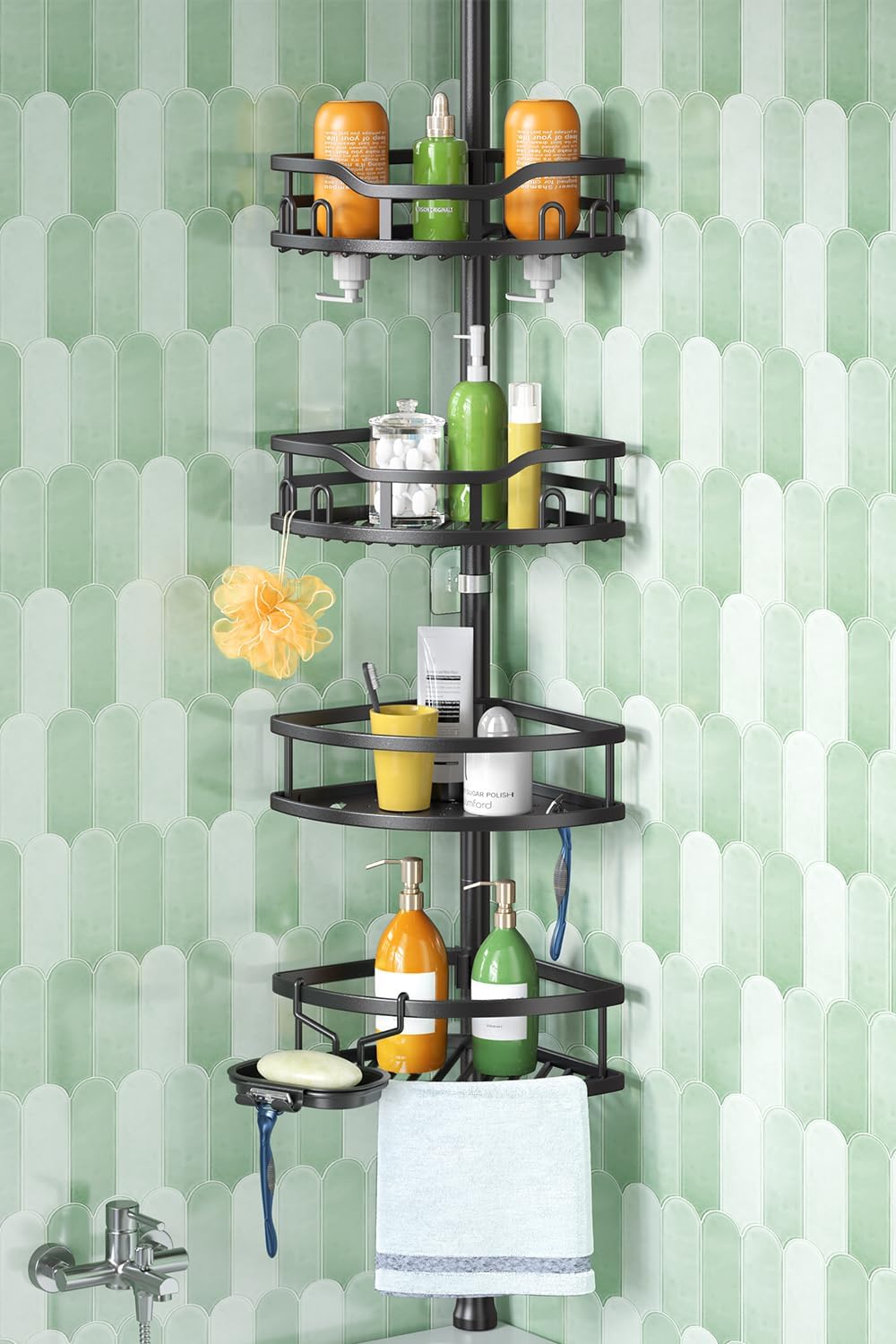 HAMITOR Corner Shower Caddy Tension Pole: Rustproof Stable 4-Tier Bathroom
