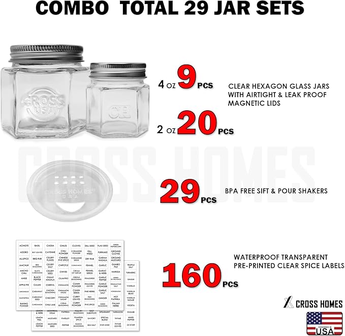 Magnetic Spice Jars Combo Pack 29 Pack Refrigerator Hexagon Glass Spice Jar