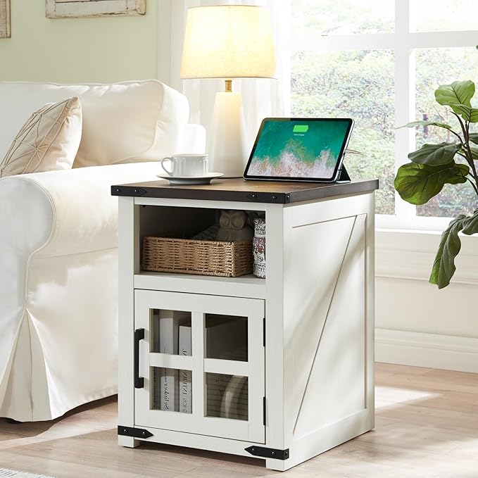 Farmhouse Nightstand with Charging Station, Rustic End Table with Tempered Gl...