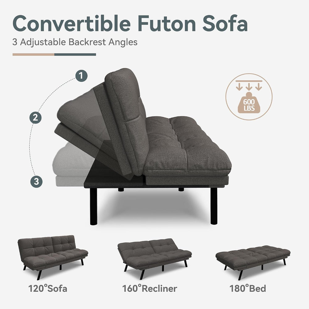 Futon Sofa Bed Convertible Couch, Grey Linen Sofa Bed