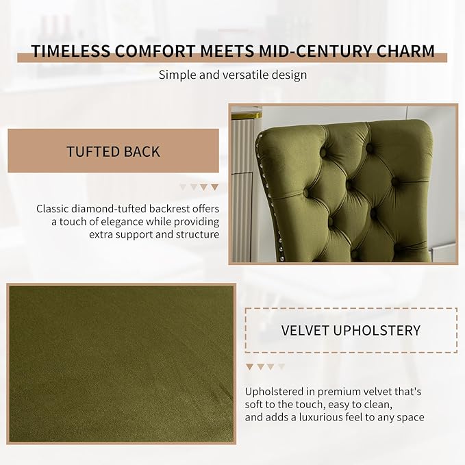 Mid Century Modern Dining Chairs Set of 4, Olive Velvet Upholstered Tufted Ba...