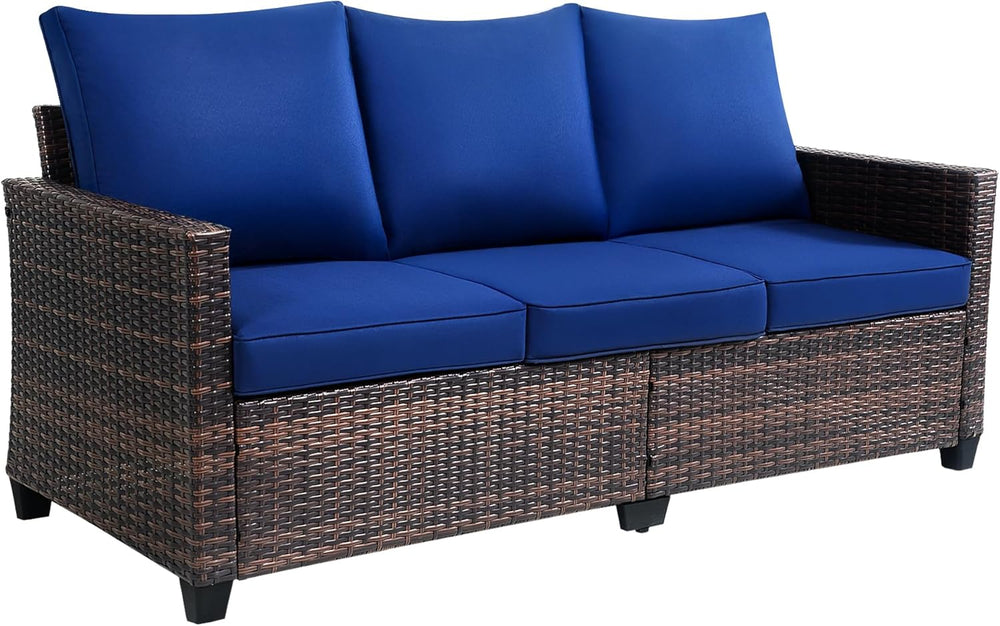 Outdoor Sofa, 3-Seat PE Rattan Couch, Blue