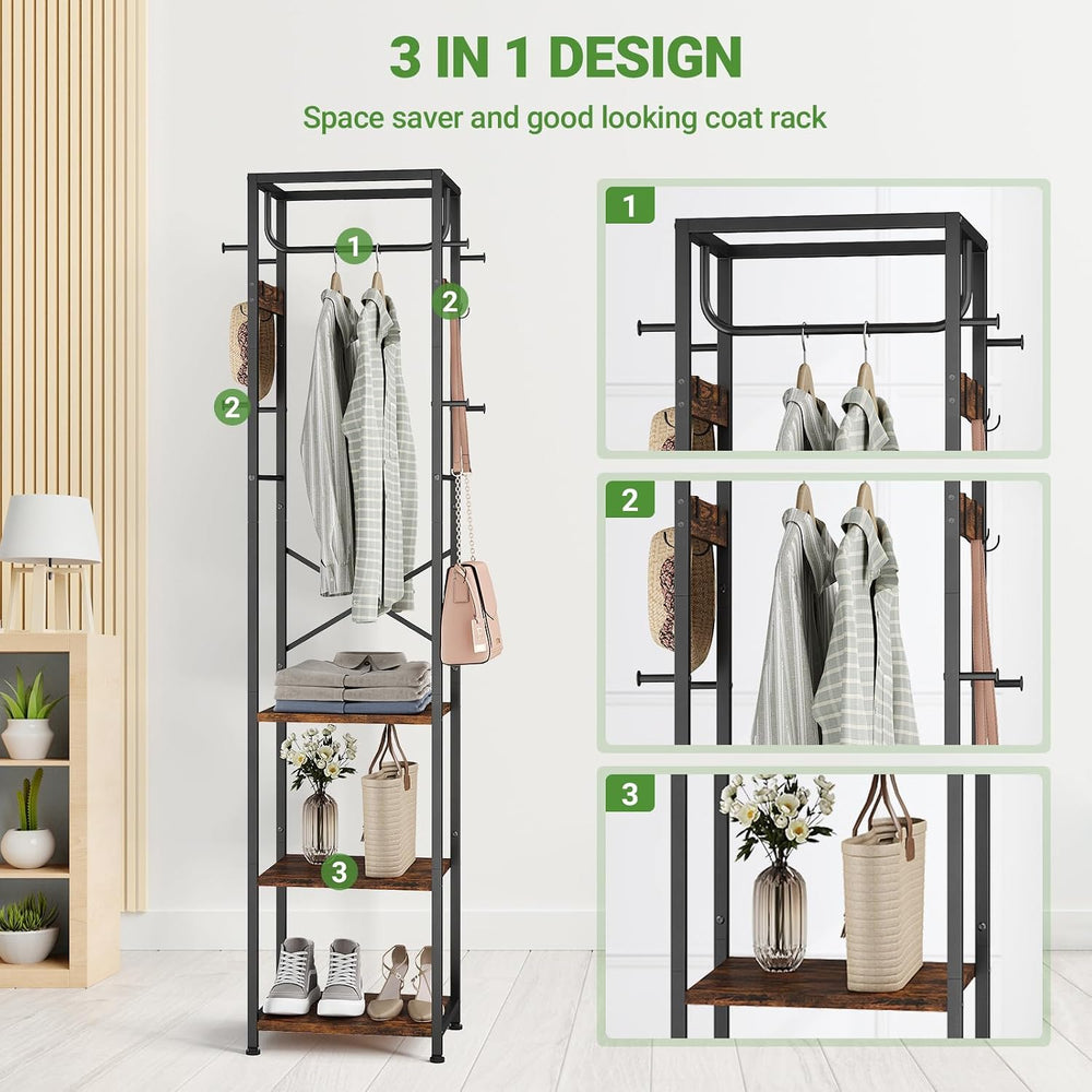 ELYKEN Coat Rack Freestanding, Hall Tree with 3 Storage Shelves and 12 Hooks,...
