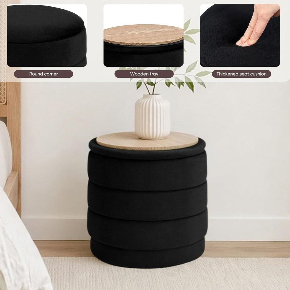 15" Round Velvet Storage Ottoman with Tray | Upholstered Folding Foot Re...
