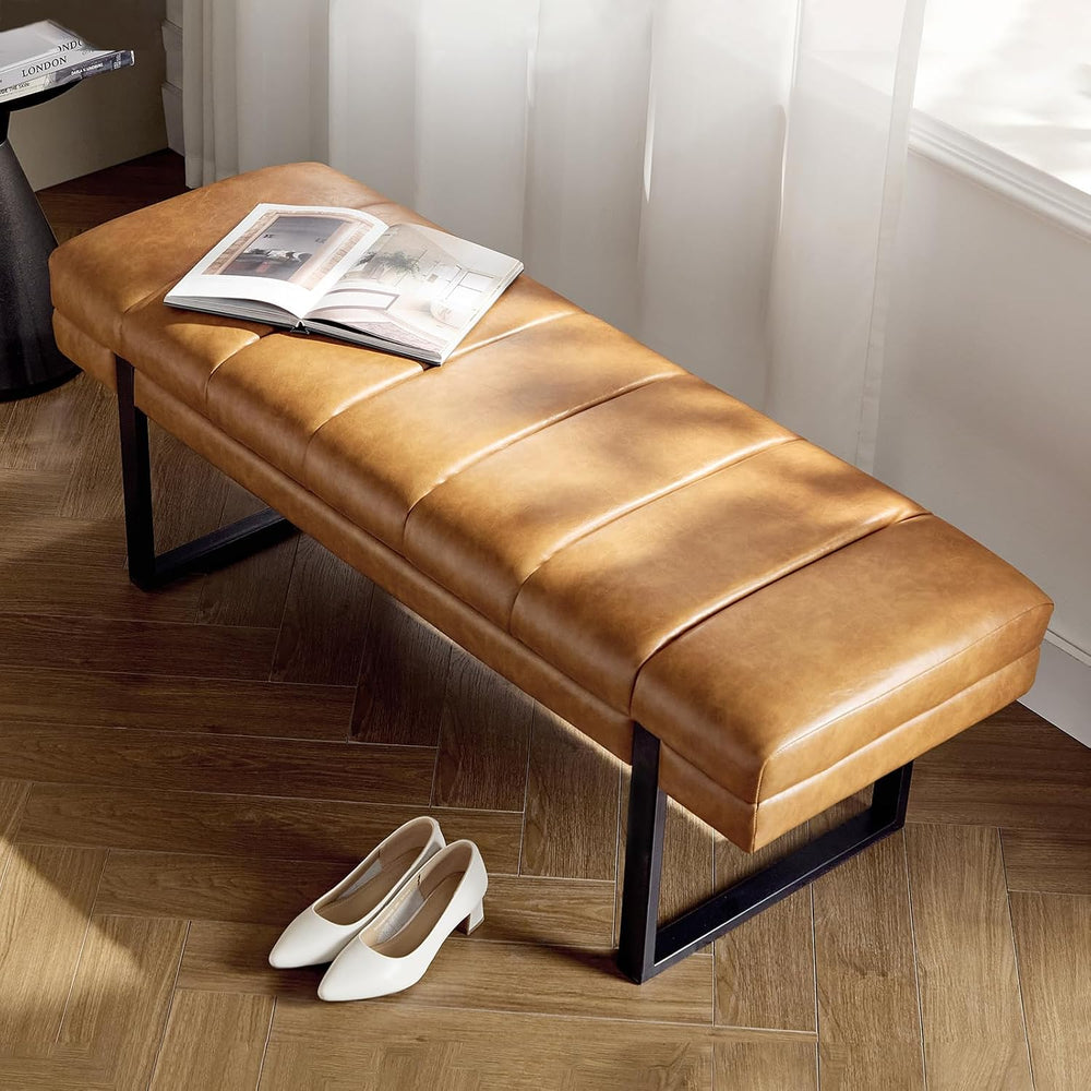 HULALA HOME 53" Faux Leather Tufted Entryway Bench, Camel