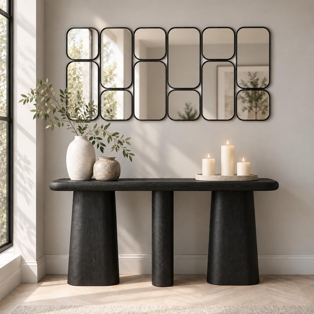 Large Decorative Wall Mirror, 47.2 x 23.6 Inch Black Metal 12-Piece Rounded R...