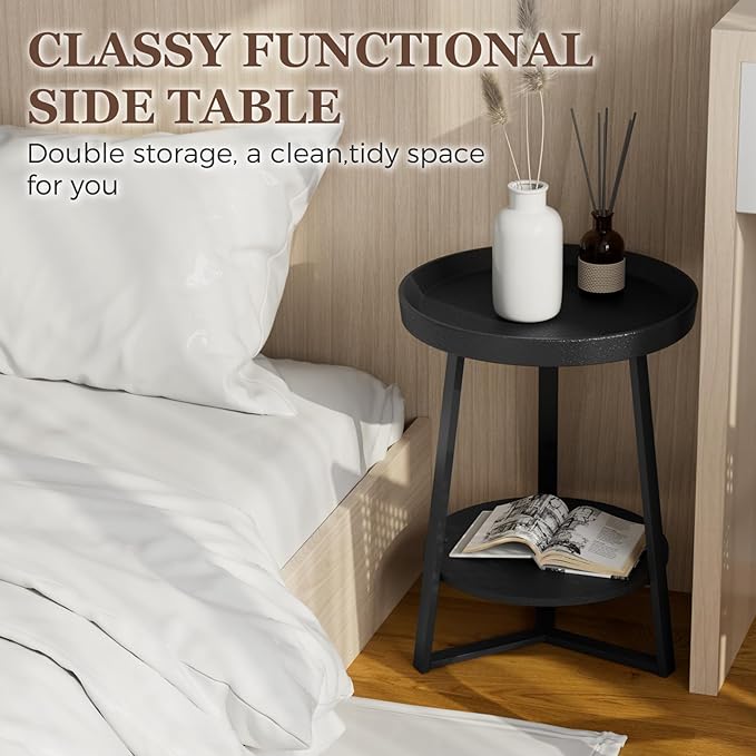 Gadroad Round End Table with Storage Shelf, 2 Tier Farmhouse Side Table Night...