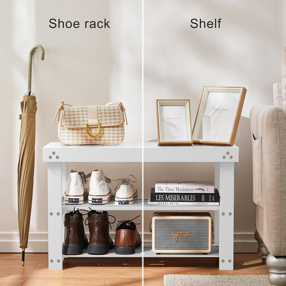 Pipishell 3 Tier Bamboo Shoe Rack Bench for Entryway, White
