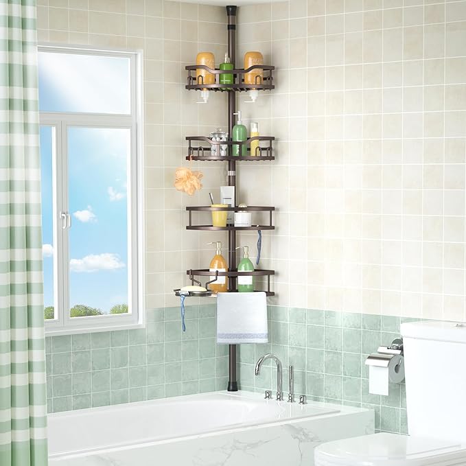 HAMITOR Corner Shower Caddy Tension Pole: Rustproof Stable 4-Tier Bathroom