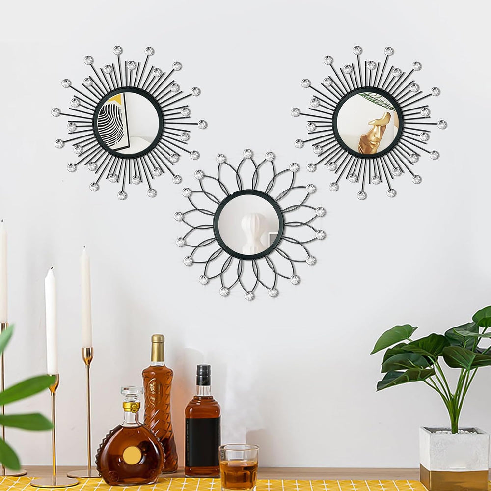 3 Pack Metal Mirror for Wall Sunburst Wall Mirror Black Crystal Home Accent