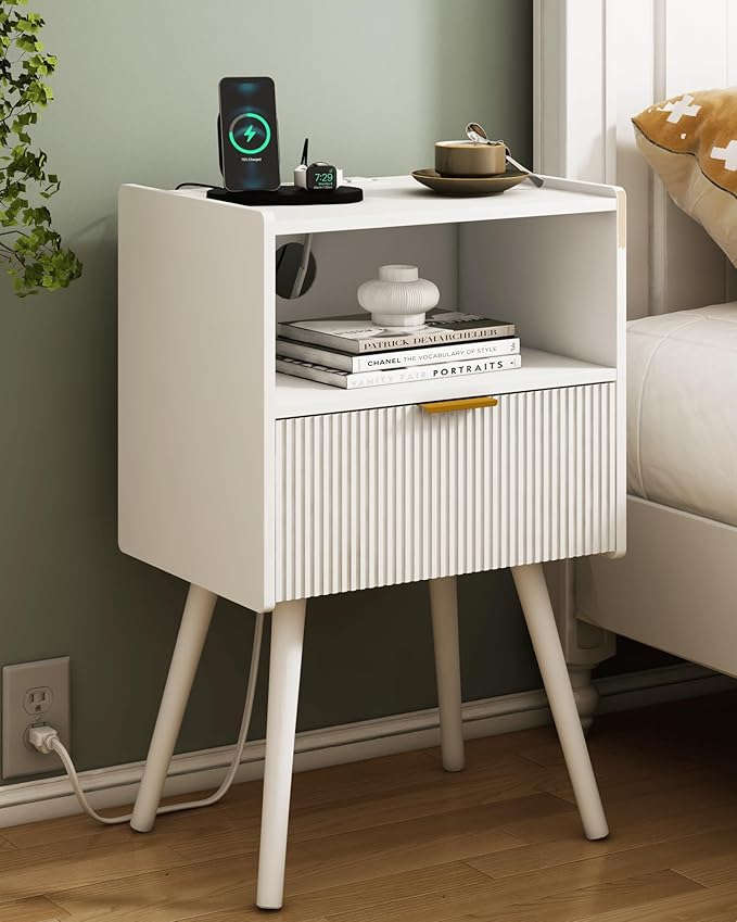 White Nightstand with Outlet,Modern Bedside Table with Storage Drawer and Ope...