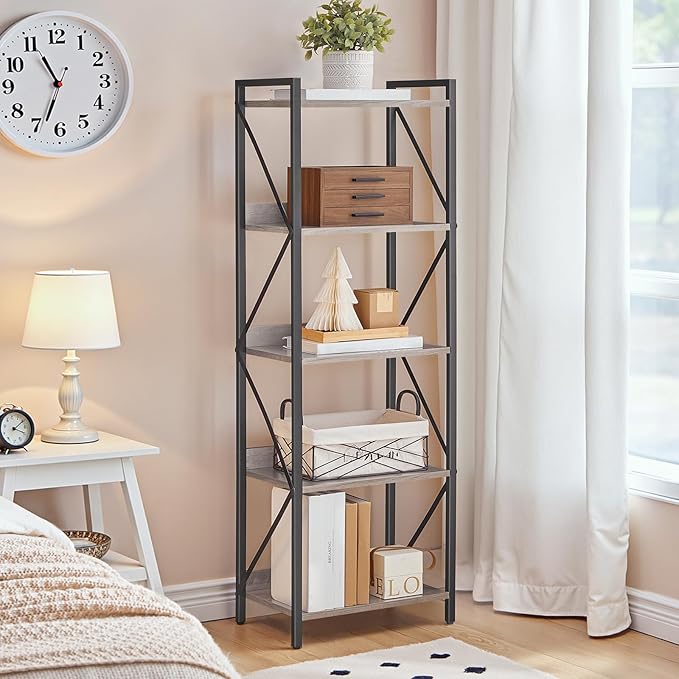 HOOBRO Bookshelf, 5-Tier Industrial Bookcase, Book Shelf Storage Organizer, T...