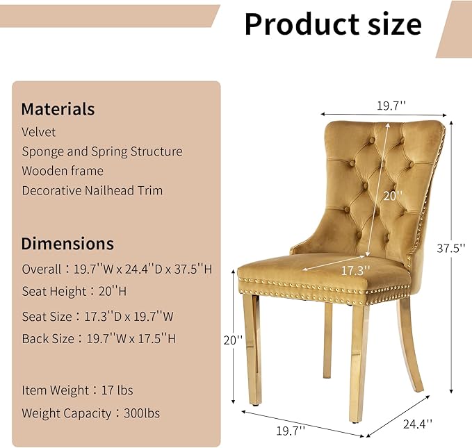 Luxury Upholstered Dining Chairs Set of 2, Yellow Kitchen Chair with Golden M...