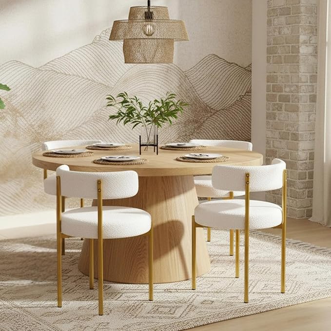 Boucle Dining Chairs Set of 2, White Dining Chairs with Upholstered Seat and ...