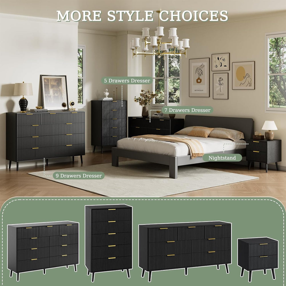 LYNSOM Fluted Dresser and Nightstand Sets 4 Piece, 2-Drawer Nightstands and 5...