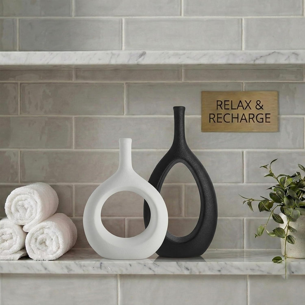 Black and White Ceramic Hollow Elliptical Vase Set of 2 - Boho Circle Vase wi...