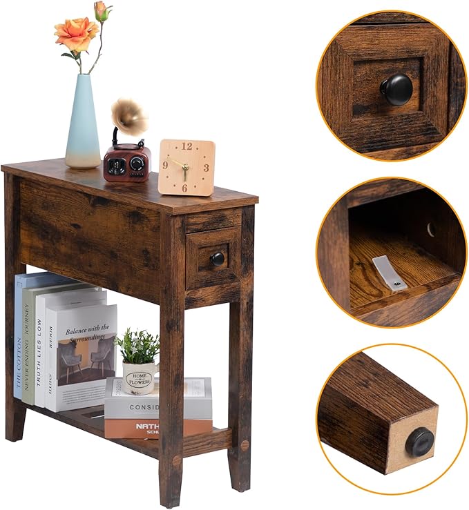 Brown 2 Pack Chairside Narrow End Table with Drawer, Solid Recliner Side Tabl...