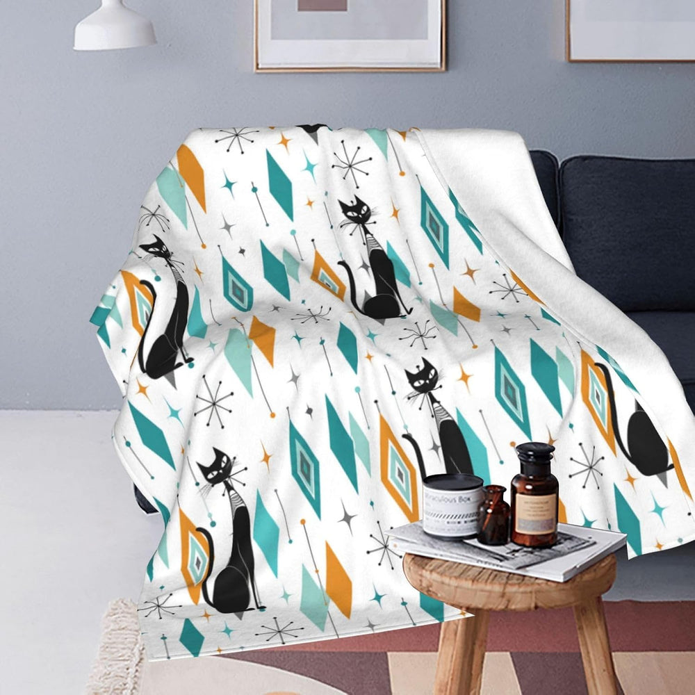 Mid Century Cat Fleece Throw Blanket Soft Flannel Plush Lightweight Warm Cozy...