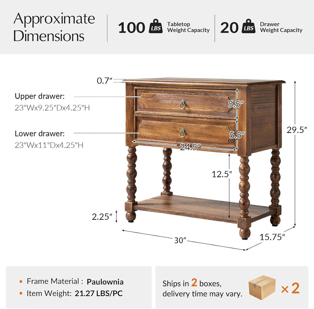 HULALA HOME Farmhouse Storage End Table Set of 2 with 2 Drawers and Open Shel...
