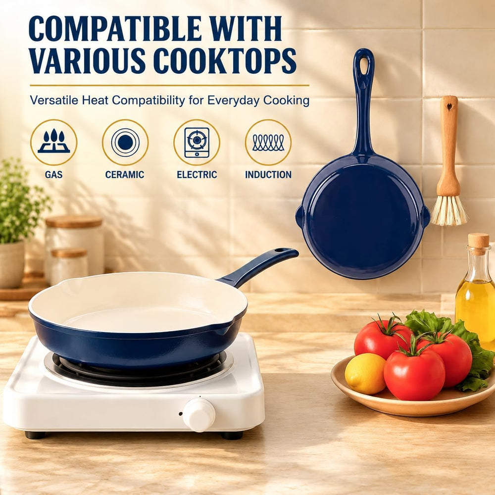 Hisencn Pans Set,8 & 9.5 Inch Ceramic Cast Iron Pans Set,Blue