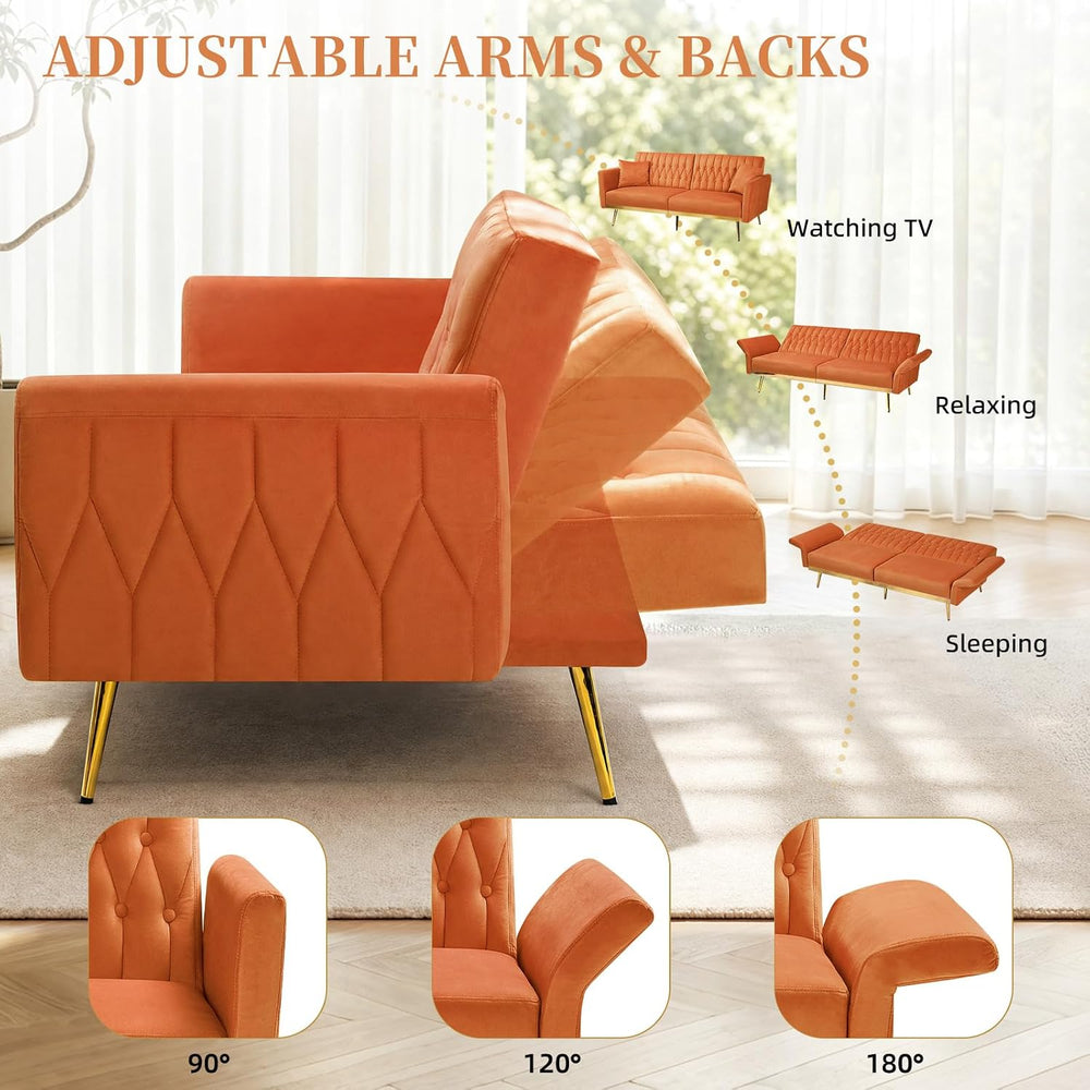 70” Velvet Futon Sofa Bed w/Adjustable Armrests, Orange